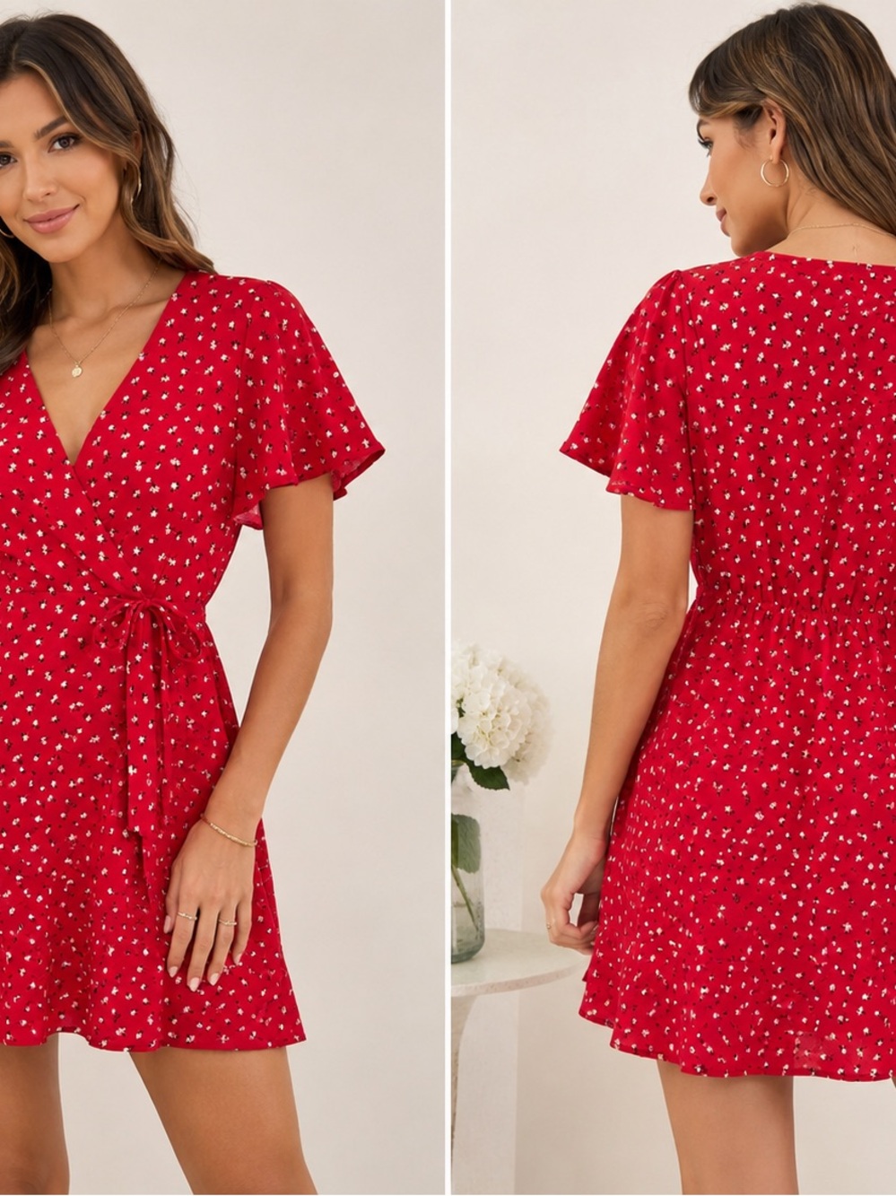 Monteau Red Floral Wrap Mini Dress